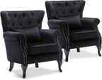 Accent Reading Arm Chairs Set of 2 for Living Room Bedroom, Midcentury Modern Comfy Corner Sofa Chair, Wingback Waiting Room Club Chair with Button Tufted Back &Lumbar Pillow, Velvet Black
