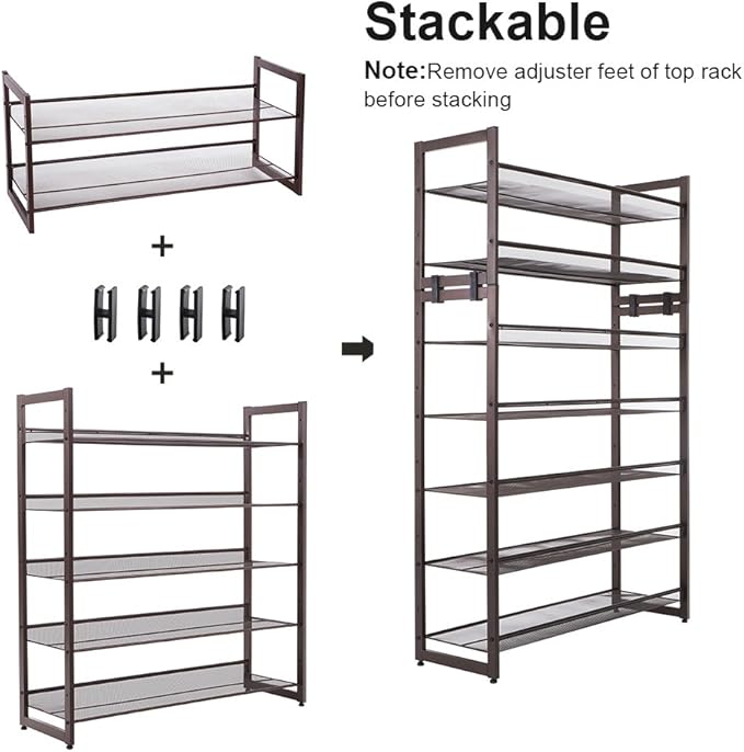 SONGMICS Shoe Rack, 5-Tier Shoe Organizer, Metal Shoe Storage for Garage, Stackable Shoe Shelf, with Adjustable Flat or Angled Shelves, 20-25 Pairs, Bronze ULMR05A