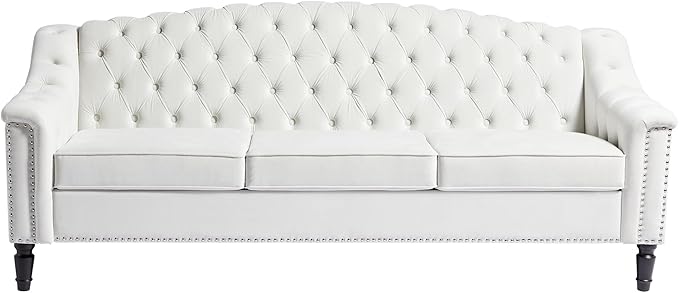 LEVNARY Mid-Century Modern Velvet Sofa, 80" Large Upholstered Sofa with High Back, Chesterfield Couch Sleeper Settee with Solid Wood Legs, Tufted 3 Seater Wide Couches for Living Room Office (White)