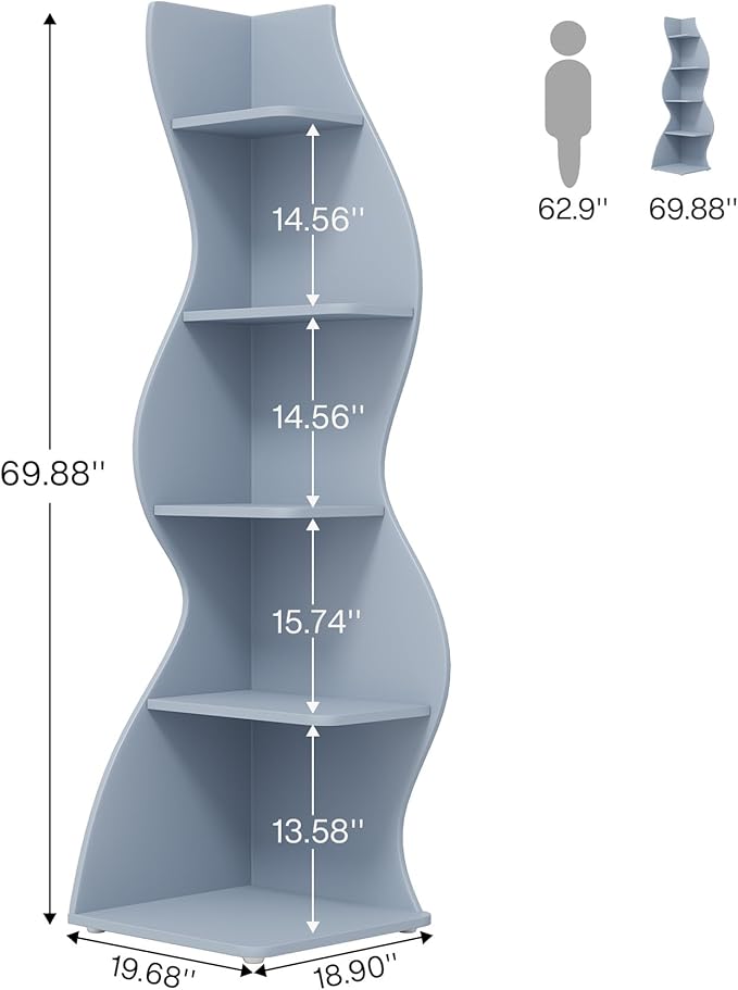 Tribesigns Corner Shelf, Modern 5-Tier Wall Corner Bookshelf, Stylish Corner Small Bookcase Storage Rack Plant Stand with Unique Shape for Living Room, Home Office (Blue, 2PCS)