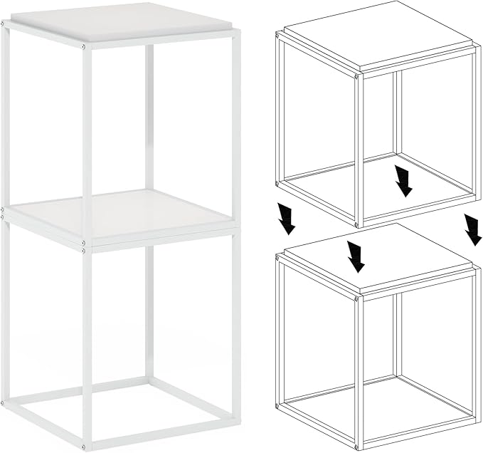 Furinno Moretti Side Table, 1-Tier Stackable Metal Frame End Table, Night Stand, Bedside Table, Toolless Assembly, for Living Room, Bedroom, Solid White
