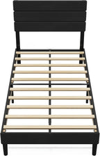 WLIVE Twin Size Upholstered Bed Frame, Velvet Square Tufted Headboard,Sturdy Metal & Wooden Slats Support, No Box Spring Needed, Black