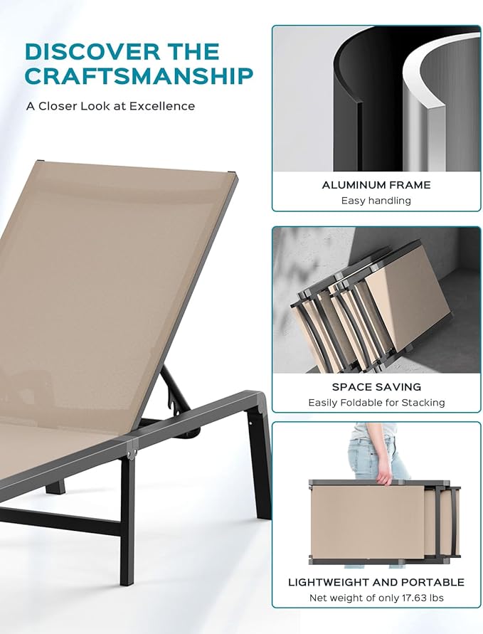 Patio Chaise Lounge Chair Set of 4, Foldable Lounge Chair for Outside, Aluminum Chairs with 5 Adjustable Backrest, Outdoor Pool Lounger for Poolside, Lawn, Deck, Khaki