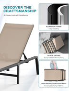 Patio Chaise Lounge Chair Set of 4, Foldable Lounge Chair for Outside, Aluminum Chairs with 5 Adjustable Backrest, Outdoor Pool Lounger for Poolside, Lawn, Deck, Khaki