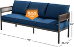 Gand Patio Outdoor 3-Seat Couch Sofa, Wicker Conversation Set with Thick Cushion for Porch, Garden, Yard, Peacock Blue