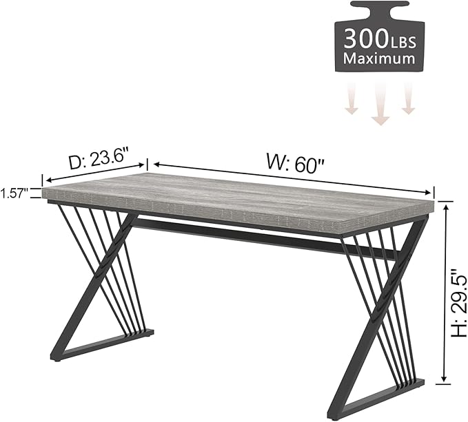 FOLUBAN Modern Desk, Rustic Wood and Metal Computer Desks for Home Office, Simple Study Writing Work Table for Bedroom Living Room, Light Grey, 60 Inch