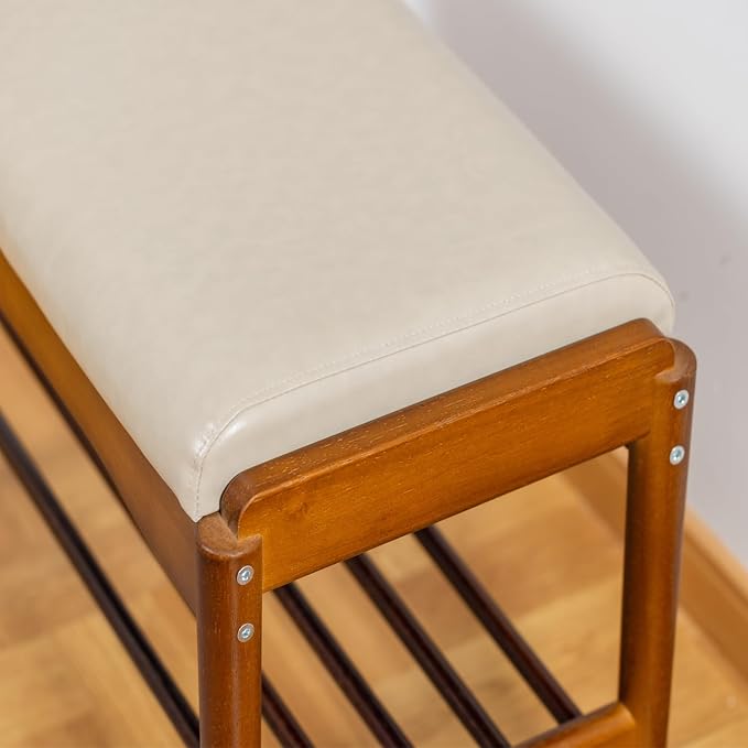 latifolia Small Shoe Bench, Solid Wood Bench with Cushion, 2 Tier Shoe Storage Organizer for Entryway(Walnut,17.71''L)