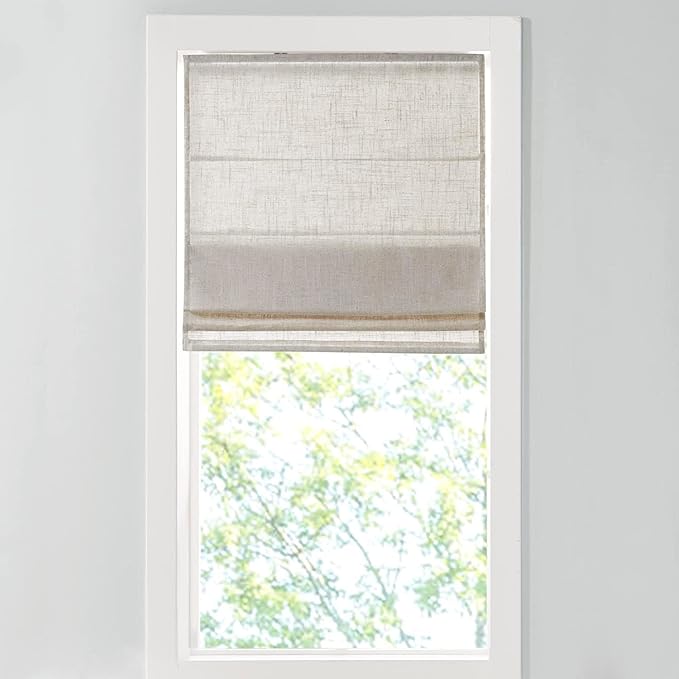 Madison Park Kyler Cordless Roman Shades - Single Panel, Lightweight Linen Blend Fabric, Natural Design, Easy Installation, Light Filtering Window Blind, Bedroom, Living Room Decor 27"W x 64"H Natural