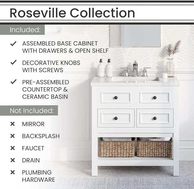 Hanover Roseville 31'' Vanity Cabinet with Sink Combo for Bathroom, Powder Room | Pre-Assembled Cabinet | 2 Drawers, Bottom Shelf | Artificial Stone Countertop | White Cabinet | HANVN0108-31-1WH