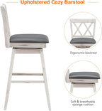 COSTWAY Bar Stool Set of 2, 360° Swivel Bar Height 29.5 inch Bar Stool with Foot Rest Upholstered Cushion & Ergonomic Backrest, Sturdy Frame, for Pub, Restaurant, Home (2, Antique White+ Grey)