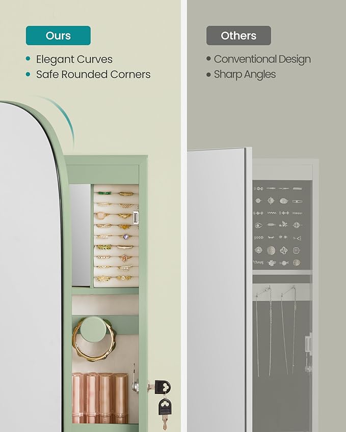 SONGMICS Jewelry Organizer, LED Jewelry Cabinet Wall/Door Mounted, Lockable Rounded Wide Mirror with Storage, Christmas Gift 3.9 x 16.5 x 42.5 Inches, Laurel Green Surface with Cream White Lining