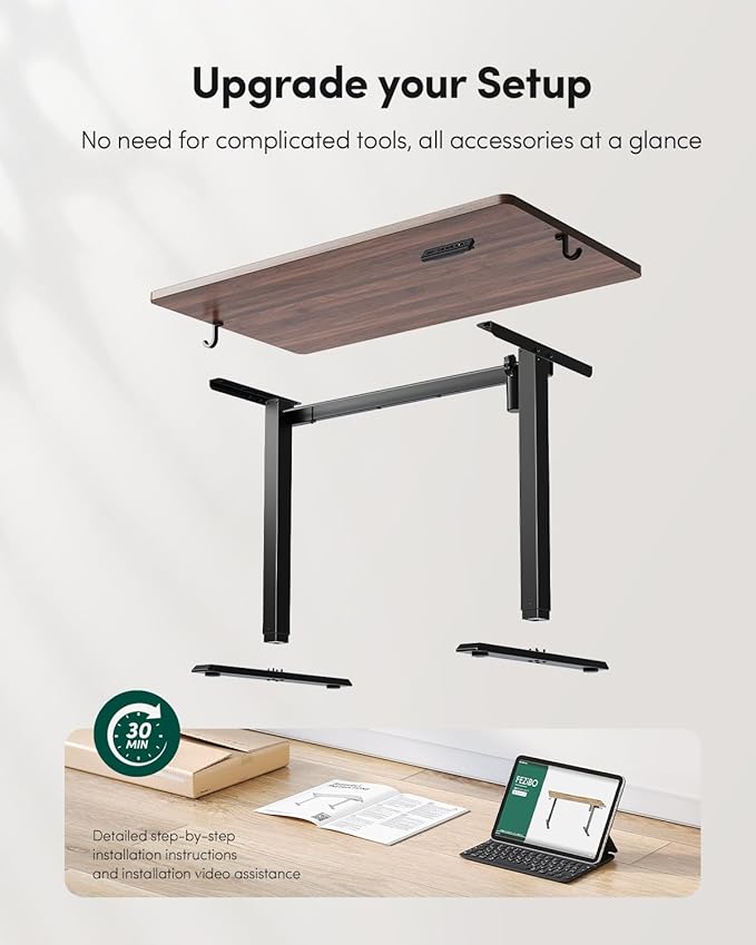 FEZIBO One-Piece Standing Desk Adjustable Height Stand up Home Office Desk, 40x24 Inch Electric Standing Computer Desk, with 4 Memory Presets, Headphone Hook, Black Walnut