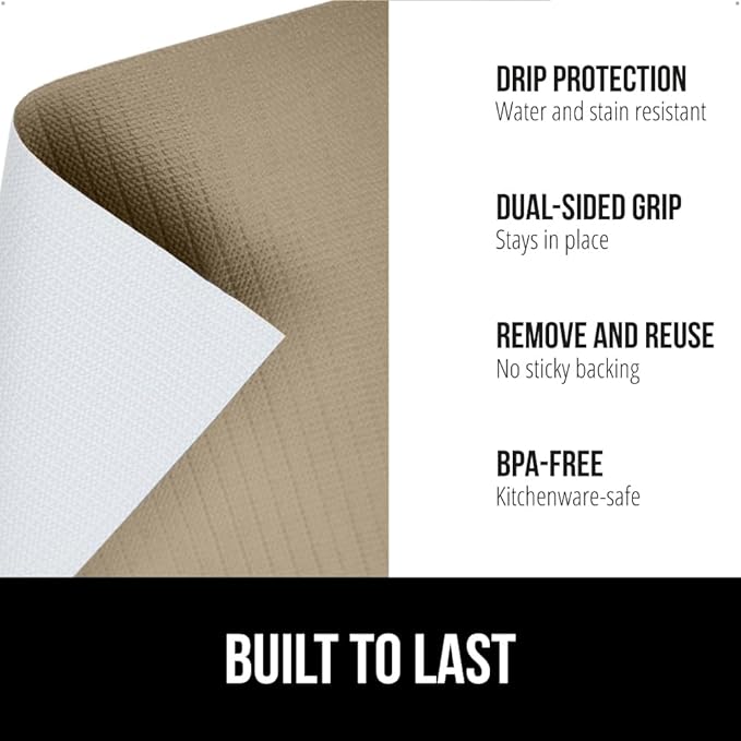 GORILLA GRIP DripGuard Shelf Liner, Non Adhesive Drawer and Kitchen Cabinet Protector, Slip Resistant BPA Free Smooth Surface Plastic Liners for Cabinets, Bathrooms, Closets, 17.5x120 Inch, Beige