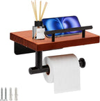 Toilet Paper Holder with Wood Shelf, Wall Mount Toilet Paper Roll Holder with Wooden Shelf and Matte Black Stainless Steel Pipe, Tissue Roll Holder for Bathroom Washroom (Dark Brown, 7.9'' x 5.9'')