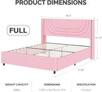 Pink Full Size Bed Frame with LED Lights, Faux Leather Upholstered Platform with Silver Wingback Headboard, Modern Style, No Box Spring Needed, Easy Assembly
