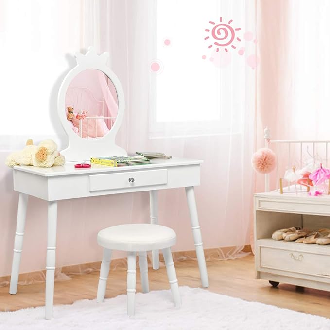 Costzon Kids Vanity Set, Wooden Princess Makeup Table with Cushioned Stool, Large Drawer, Solid Wooden Legs and Crown Mirror, Make Up Dressing Table Set for Girls (White)
