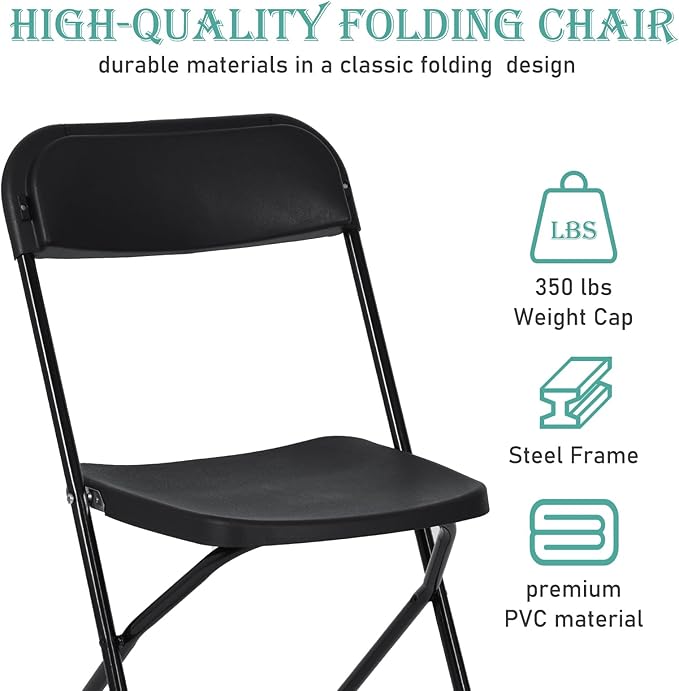 30 Pack Black Plastic Folding Chairs, Portable Stackable Commercial Party Folding Chairs with Steel Frame 350lbs for Home Office Outdoor Indoor Office Wedding Party Events