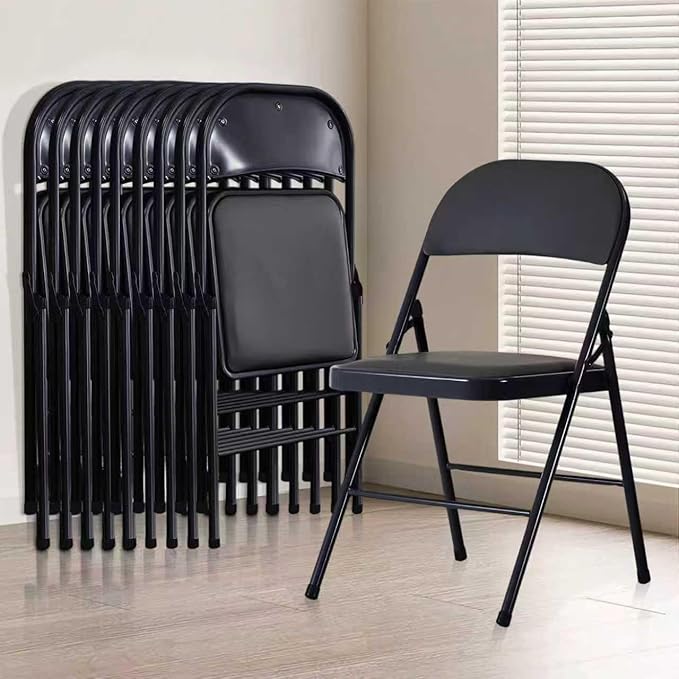 10 Pack Black Folding Chairs with Padded Cushion and Back, Foldable Outdoor Chairs with 330-LBS Capacity, Portable Heavy Duty Metal Frame Commercial Seat for Party Kitchen Dinning Events Wedding