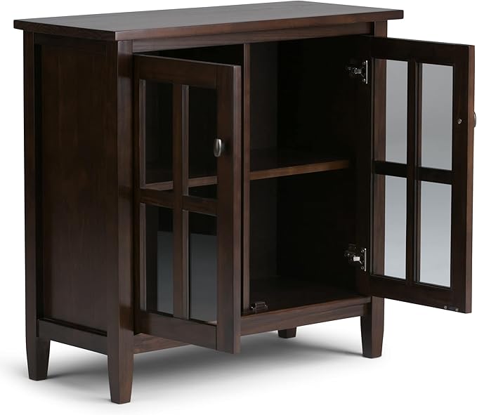 SIMPLIHOME Warm Shaker SOLID WOOD 32 inch Wide Transitional Low Storage Cabinet in Tobacco Brown for the Living Room, Entryway and Family Room