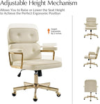 HULALA HOME Faux Leather Office Desk Chair with Golden Metal Legs, Comfy Upholstered Computer Chair with Tufted Backrest & Thick-Cushion Padded Armrest, Height Adjustable and 360°Swivel, Ivory
