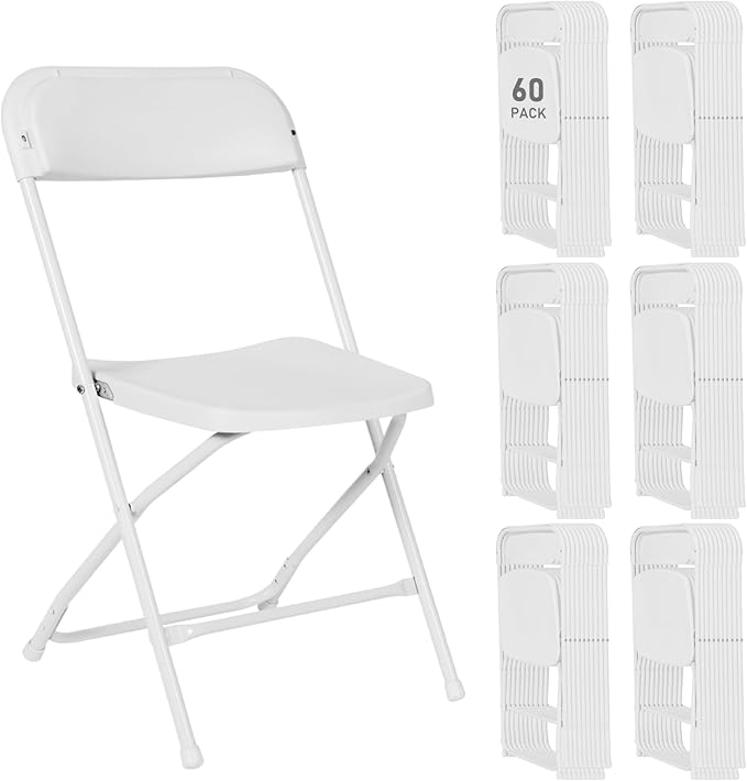 60 Pack Plastic White Folding Chairs, Portable Stackable Commercial Party Folding Chairs with Steel Frame 350lbs for Home Office Outdoor Indoor Office Wedding Party Event