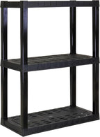Oskar Heavy Duty Plastic Storage Shelves- for Garage, Kitchen, Bathroom Basement Kids Room, Stackable 3-Tier Black Organizer Rack for Books Shoes, Toys, Pantry, Cleaning and Closet Organization