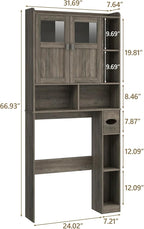 Vabches Over The Toilet Storage Cabinet, Bathroom Shelf Over Toilet with Glass Doors and Adjustable Shelves, Grey Freestanding Home Space Save Toilet Rack, for Restroom, Bathroom, Laundry