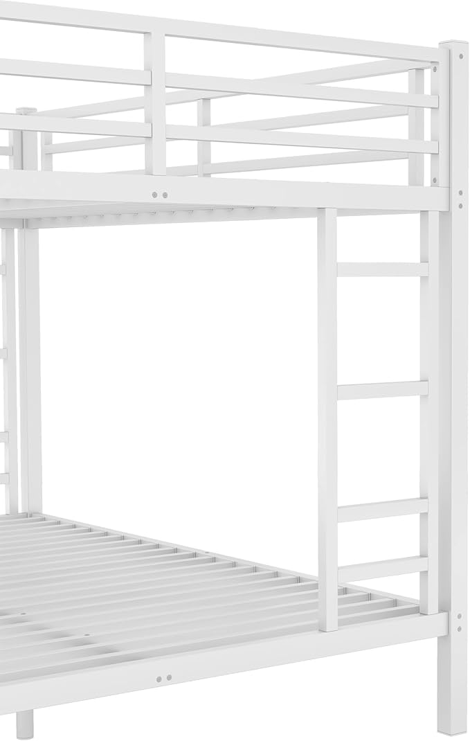 Queen Over Queen Bunk Bed for Adults, Teens, Heavy Duty Bunk Beds with 2 Ladder and Safety Guardrails, Adults Bunk Beds with Noise-Reducing Rubber Stoppers, Easy Assemble, White