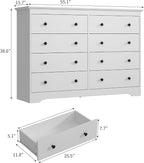 White Dresser for Bedroom, 8 Drawer Dresser with Large Drawers, 55 Inch Wide Wood Chest for Living Room, Hallway