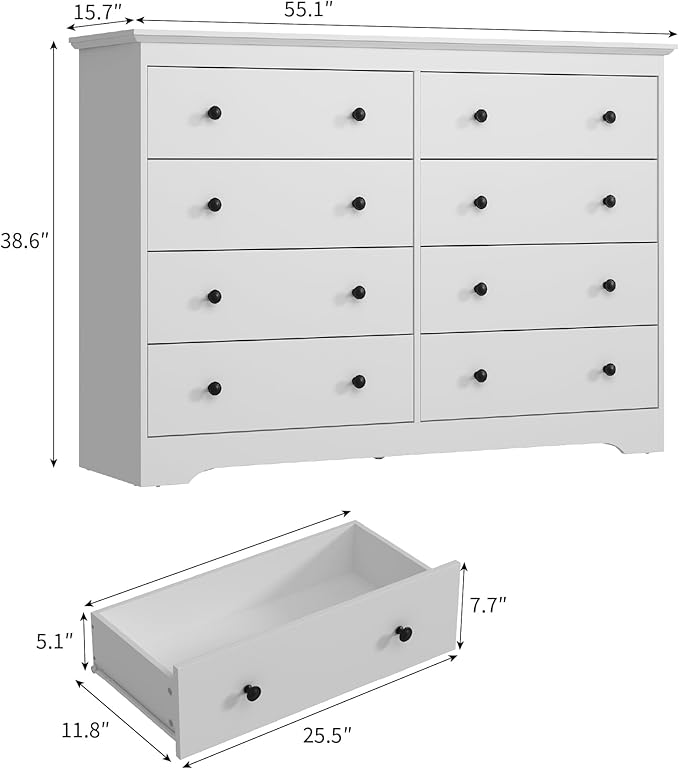 White Dresser for Bedroom, 8 Drawer Dresser with Large Drawers, 55 Inch Wide Wood Chest for Living Room, Hallway