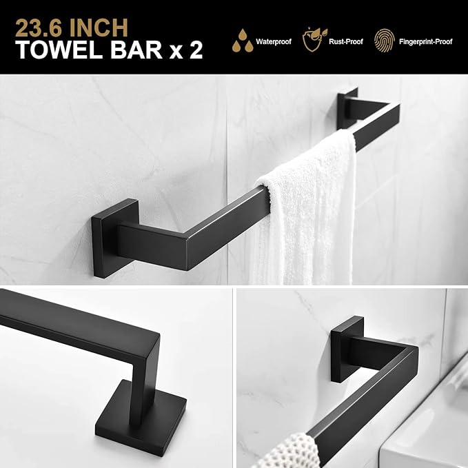 5-Piece Bathroom Hardware Set Matte Black, Lava Odoro Towel Bar Set Stainless Steel Wall Mounted - Include 2 Towel Bar Towel Ring Toilet Paper Holder and Double Hook, 23.6-Inch