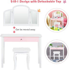 Costzon Kids Vanity, Girls Vanity Set with Tri-Folding Mirror, Stool, Storage Drawer, Princess Toddler Makeup Vanity Desk Dressing Table, Wooden Kids Vanity Table and Chair Set (White)