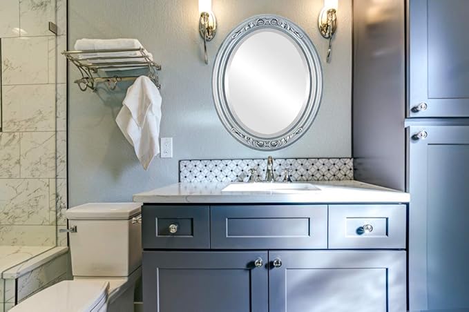 OVALCREST Oval Beveled Wall Mirror for Home Decor - Florence Style - Silver Leaf with Black Antique - 34" x 24"