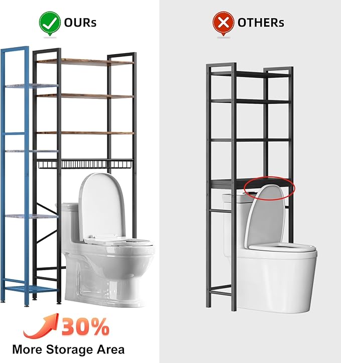 8-Tier Over The Toilet Storage with Side Rack, Over Toilet Storage Rack with Adjustable Shelf & Drain Basket, Freestanding Bathroom Organizer for Balcony, Laundry (Vintage Brown)