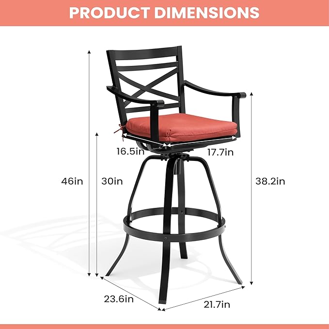 Pellebant 30" Sunbrella Outdoor Bar Stools Set of 4 Aluminum Swivel Patio Bar Height Bar Stools with Back & Footrest, for Deck Lawn Garden(Red)