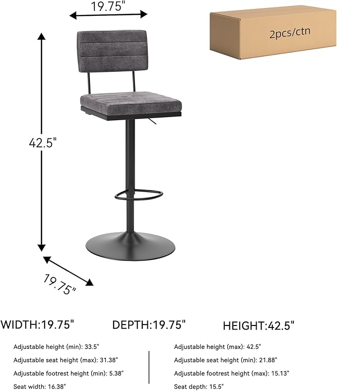 Signature Design by Ashley Strumford Modern 30.75" Adjustable Bar Height Barstool, 2 Count, Gray