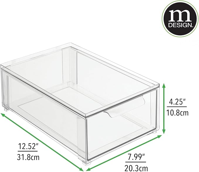 mDesign Plastic Stackable Bathroom Storage Organizer Bin with Pull Out Drawer for Cabinet, Vanity, Shelf, Cupboard, Cabinet, or Closet Organization - Lumiere Collection - 4 Pack - Clear