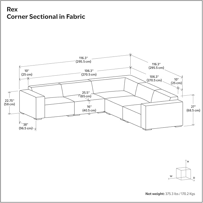 SIMPLIHOME Rex Corner Sectional Modular Sofa in 100% Recycled Polyester Tightly Woven Performance Fabric, Pale Grey, 116-inches Wide, Handcrafted Modern-Style L-Shaped Couch for Living Room
