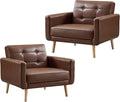 CANMOV 29" W Oversized Leather Accent Chair Set of 2, Armchair Button Back, Mid Century Modern Accent Chairs for Living Room, Modern Upholstered Bed Room Chair Cozy Armchair with Wood Legs, Brown