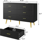 Dresser for Bedroom, 6 Drawer Black Wood Dresser with Golden Handles, Modern Wide Dressers & Chests of Storage Organizer Drawer for Entryway Hallway