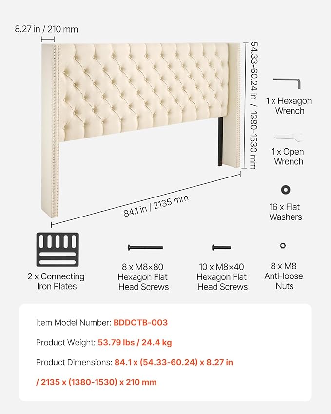 VEVOR Headboard, King Size Headboard with Adjustable Height, Comfortable Diamond Tufted for King Size Bed, W84.1 x H (54.33-60.24) x D 8.27 in, Ideal for Bedroom, Hotel, Homestay, Dormitory, Cream