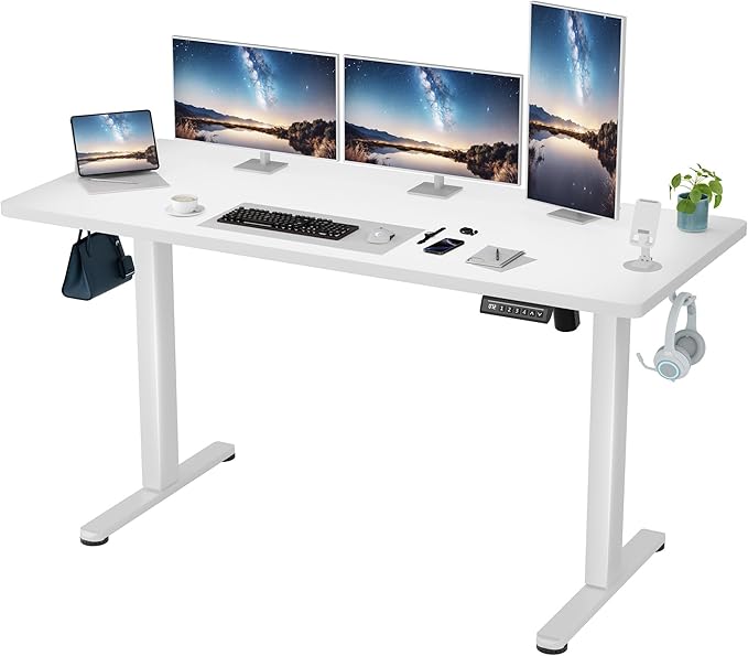 Shahoo 55 Inch Standing Desk, Electric Height Adjustable Computer Desks with Hook and Cable Hole, White