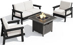 SERWALL Patio Furniture Set with 33” Fire Pit Table, HDPE Outdoor Sectional Sofa Set with Thickened Cushions, Black Frame with Khaki Cushions