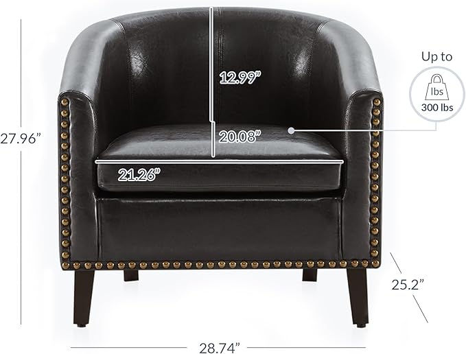 BELLEZE Accent Barrel Chair, Set of 2 Modern Faux Leather Tub Club Chair Upholstered Armchair with Gold Nail Head Trim and Black Legs for Living Room Bedroom Apartment Lounge - Dark Brown