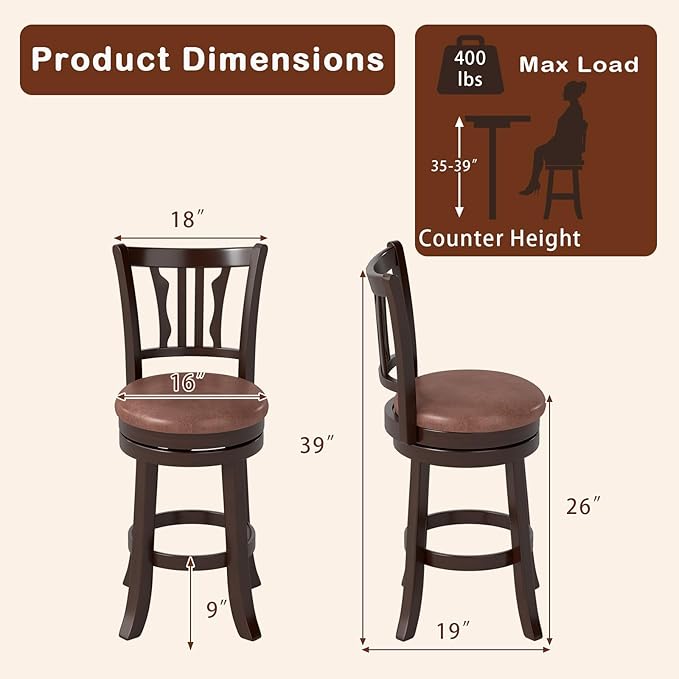 COSTWAY 26" Counter Height Stools Set of 4, Swivel High-Top Chairs with Backrest & Faux Leather Padded Seat, Rubber Wood Counter Barstools with Footrest for Kitchen, Dining Room, Pub (4,26'')