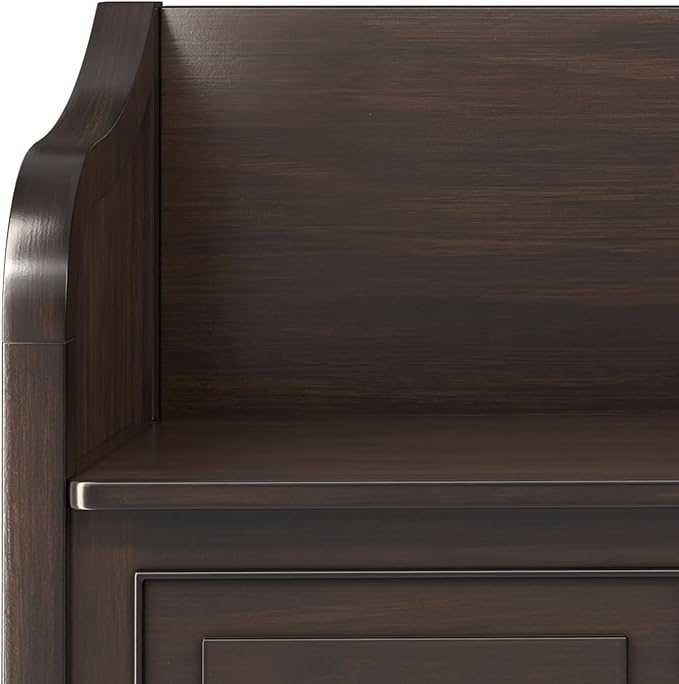 SIMPLIHOME Connaught Entryway Storage Bench - 56 inch Wide Solid Wood Wide Storage Seat in Chestnut Brown, Traditional Bench for Entryway or Living Room with Lift-Up Lid and Paneled Front