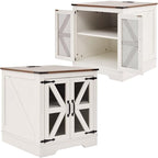 White Farmhouse End Table Set of 2, 24" Wood Sofa Side Table with Charging Station, Nightstand with Mesh Barn Door for Living Room, Square