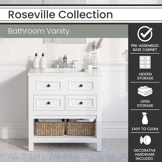 Hanover Roseville 31'' Vanity Cabinet with Sink Combo for Bathroom, Powder Room | Pre-Assembled Cabinet | 2 Drawers, Bottom Shelf | Artificial Stone Countertop | White Cabinet | HANVN0108-31-1WH