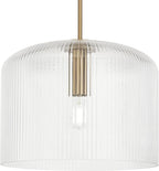 Possini Euro Design Lallie 18" Modern Art Deco Pendant Ceiling Light Fixture Dining Room Over Table Kitchen Island Foyer Drum Hanging Warm Brass Finish Ribbed Glass Hallway Entryway Living Room