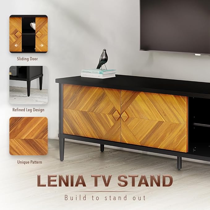 Lenia 65 Inch Solid Acacia Wood TV Stand, Modern Farmhouse Rustic Mid Century TV Media Console for Living Room, Entertainment Center with Storage & Cabinets, Brown Teak Finish